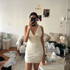 rose detail white mini dress